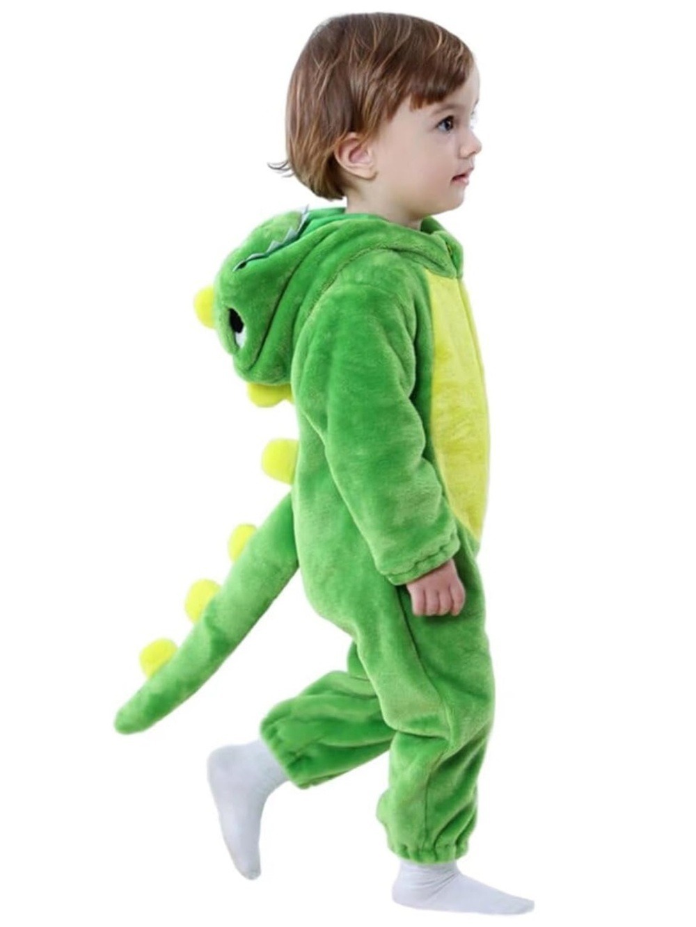 Kids Green Dinosaur One Piece Costume  Halloween Cosplay Tail Zipper Cozy Sz 3-4